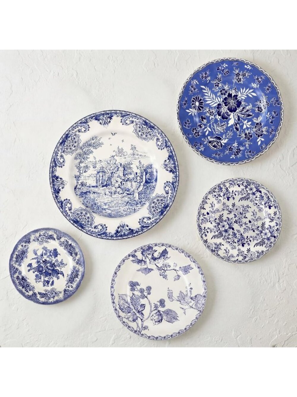 Coastal Vintage Ceramic Wall Plates Set - 5 Pcs Blue & White Botanical Decor